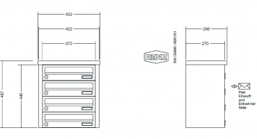 RENZ Briefkastenanlage Aufputz, Tetro, Edelstahl V4A, Kastenformat 370x110x270mm, 4-teilig